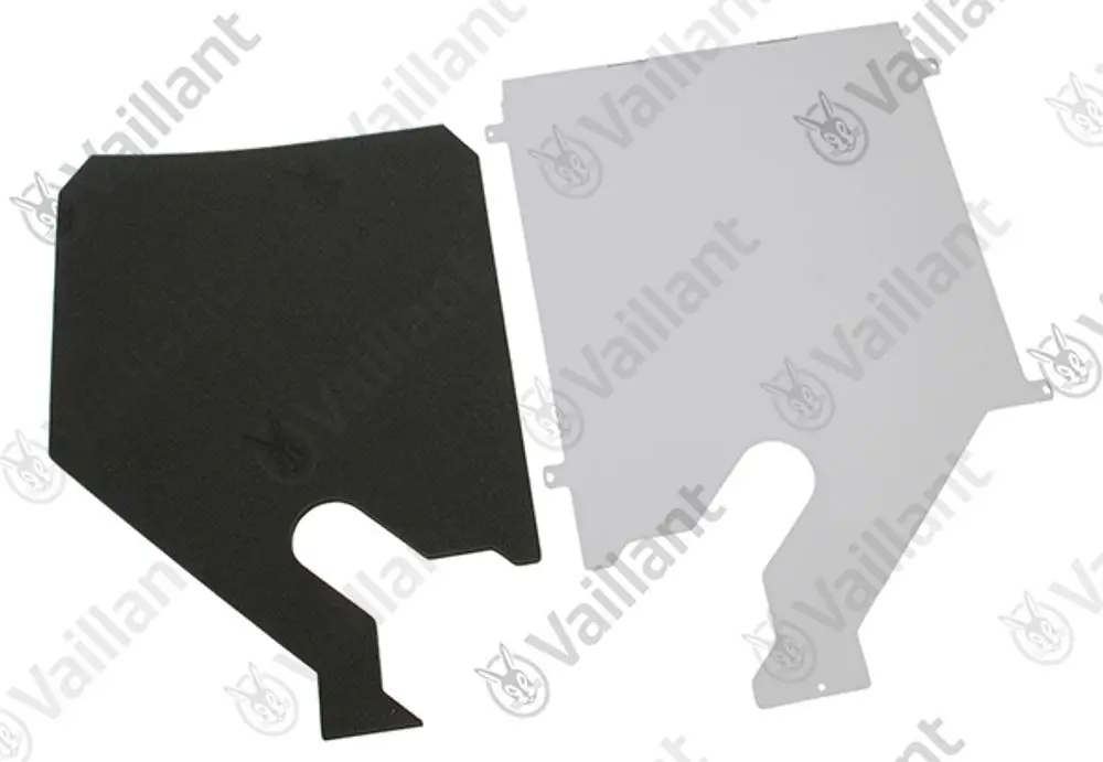 Zwei Abdeckungen von Vaillant, eine schwarze und eine weiße, sind nebeneinander abgebildet. Beide haben Aussparungen und sind für eine technische Anwendung konzipiert.